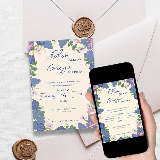 Invitation Elégant Mariage d'aquarelle bleu et violet (Elegant Blue & Purple Floral Watercolor Wedding Invitation)