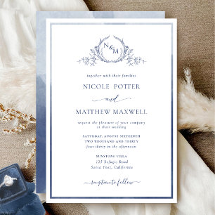 Invitation Élégant Mariage d'aquarelle bleu marine Monogram