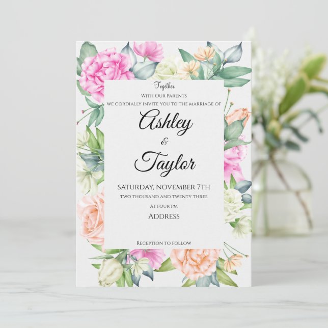 Invitation Elégant Mariage d'aquarelle de cadre Floral (Debout devant)