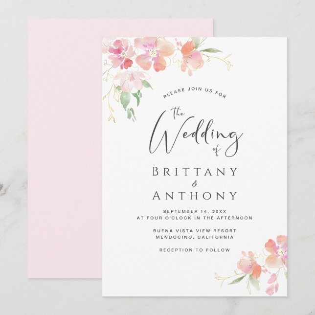 Invitation Élégant Mariage d'aquarelle de corail rose (Devant / Derrière)