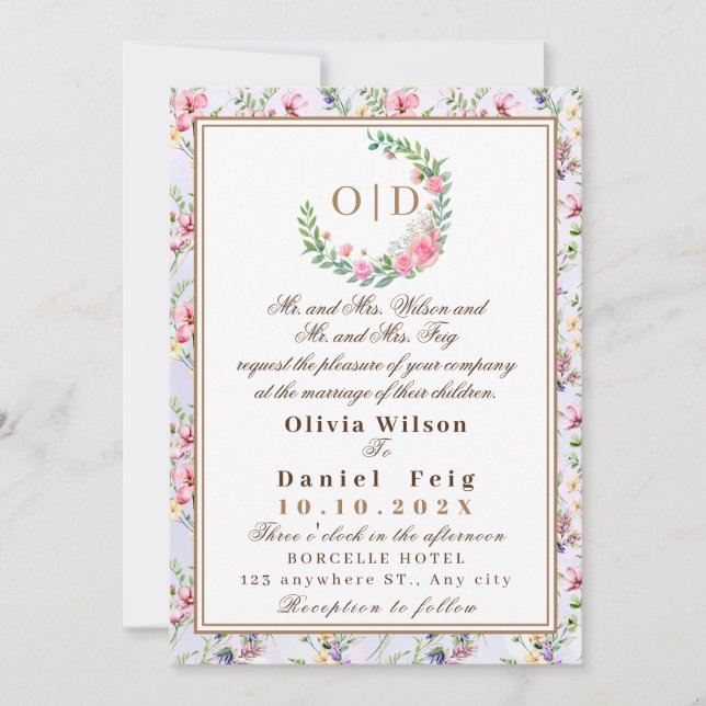 Invitation Élégant Mariage d'aquarelle de couleur rose pâle (Devant)