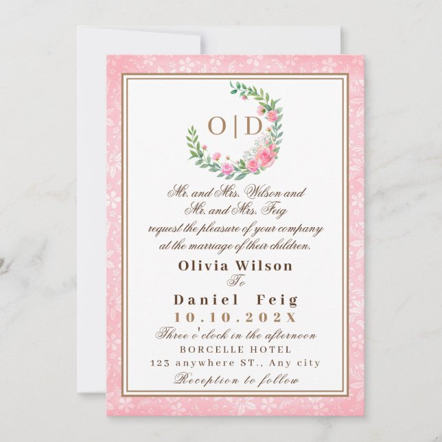 Invitation Élégant Mariage d'aquarelle de couleur rose pâle (Devant)