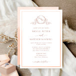 Invitation Élégant Mariage d'aquarelle de pêche de monogramme<br><div class="desc">Dégustez vos amis et votre famille avec cette élégante invitation de mariage qui met en vedette un magnifique monogramme botanique feuillu dessiné à la main avec les initiales de la mariée et du marié. Invitation frontale avec cadre d'aquarelle mince de pêche et de couleur corail, tandis que le dos d'invitation...</div>