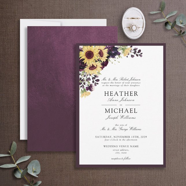 Invitation Élégant Mariage d'aquarelle de tournesol violet de (Créateur téléchargé)