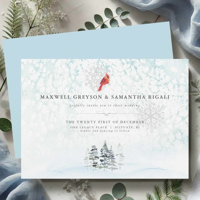 Invitation Élégant Mariage d'aquarelle des pins d'hiver (Blue wedding invitations watercolor winter scene with red cardinal.)
