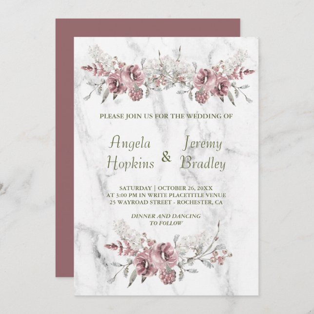 Invitation Elégant Mariage d'aquarelle en marbre floral (Devant / Derrière)