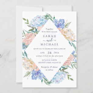 Invitation Elégant Mariage d'aquarelle floral Blue Blush Fram