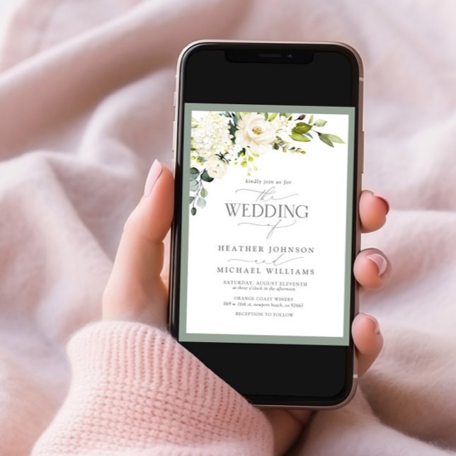 Invitation Elégant Mariage d'aquarelle gris blanc vert (Créateur téléchargé)