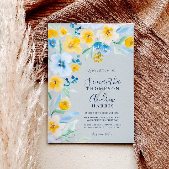 Invitation Elégant mariage d'aquarelle jaune bleu (Créateur téléchargé)