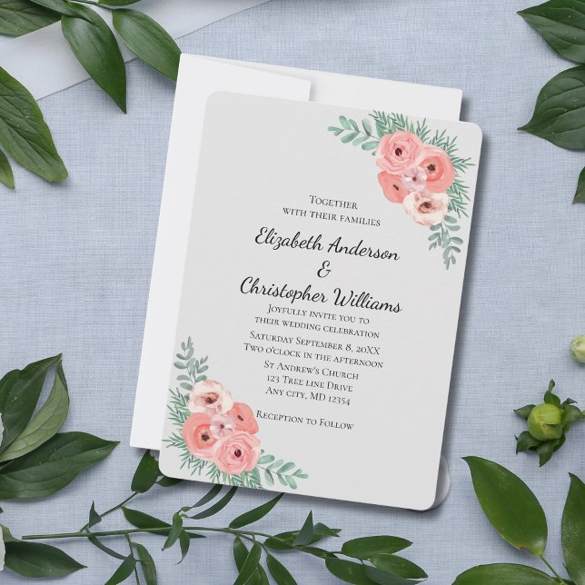 Invitation Élégant Mariage d'aquarelle rose et gris (pink floral watercolor wedding invitation with greenery. Light gray background)