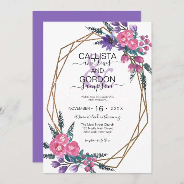 Invitation Élégant Mariage d'aquarelle rose violet (Devant / Derrière)