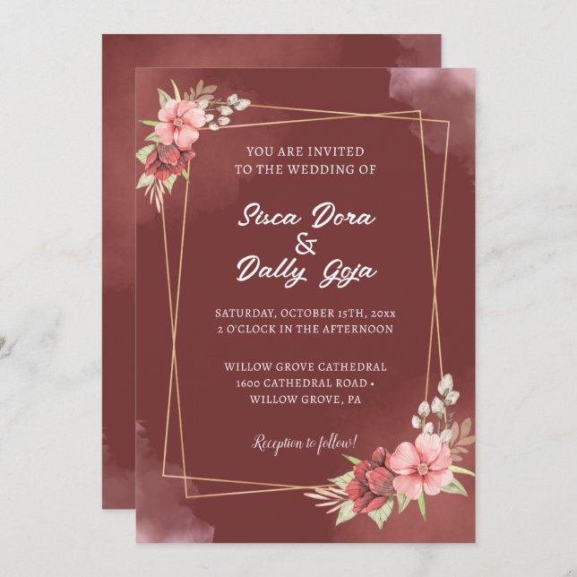 Invitation Elégant Mariage d'aquarelle rouge et blanc (Devant / Derrière)