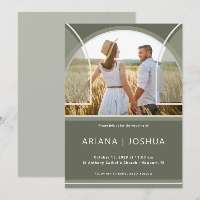 Invitation Élégant Mariage d'arc photo Olive (Devant / Derrière)