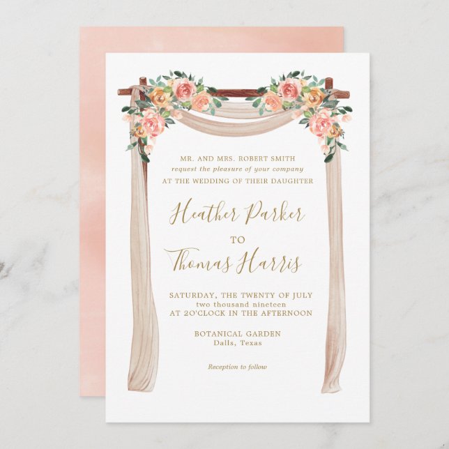 Invitation Elégant Mariage d'arche fleurie Peach (Devant / Derrière)