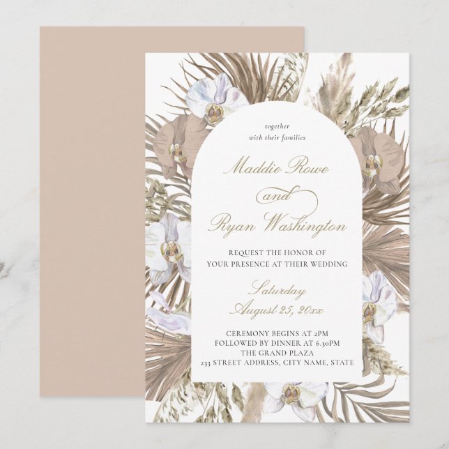 Invitation Élégant Mariage d'arche florale Pampas Boho Rose B (Devant / Derrière)