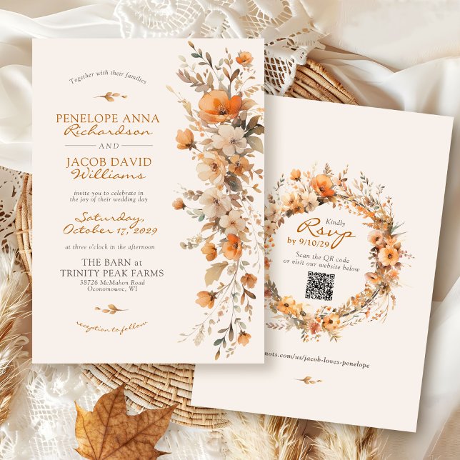 Invitation Élégant Mariage d'Automne Fleurs d'Ivory Rustique (Elegant ivory terracotta orange fall floral watercolor flower QR code boho Autumn wedding invitation)