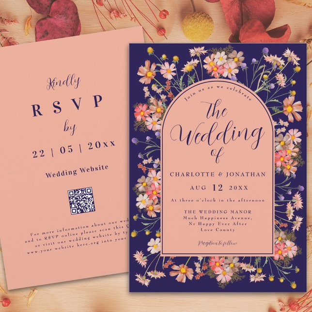 Invitation Élégant Mariage de automne bleu marine d'arc flora (Elegant floral arch navy blue peach fall wedding invitation watercolor wildflowers stylish script)