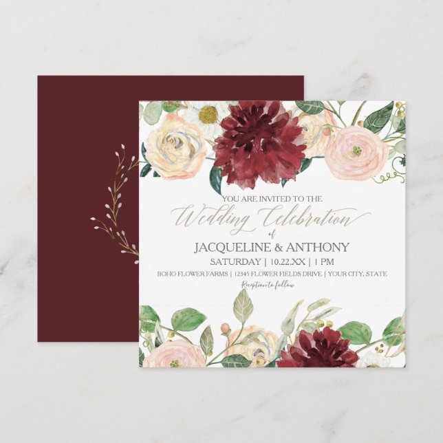 Invitation Élégant Mariage de automne Chrysanthemum Marsala R (Devant / Derrière)