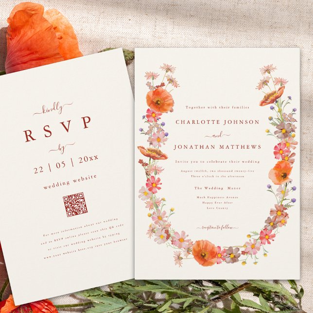 Invitation Élégant Mariage de automne de couronne Fleur sauva (boho wildflower wreath fall wedding invitation with elegant burnt orange script and qr code)
