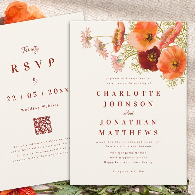 Invitation Élégant Mariage de automne Fleur sauvage (Elegant wildflower fall wedding invitation burnt orange script and website qr code)