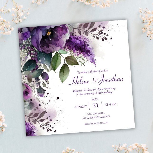 Invitation Elégant Mariage de Boho violet Floral (Elegant Floral Watercolor Purple Boho Wedding Invitation)