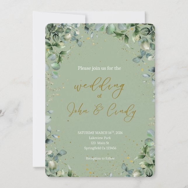 Invitation Élégant Mariage de Botanique Verte & Poussière d'O (Devant)