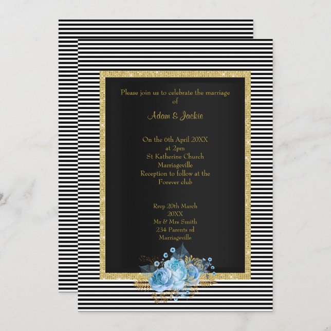INVITATION ÉLÉGANT MARIAGE DE BOUQUET BLANC BLEU STRIPE (Devant / Derrière)