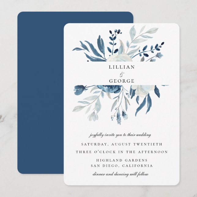 Invitation Élégant Mariage de bouquet floral bleu (Devant / Derrière)