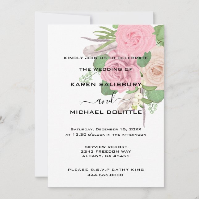 Invitation Élégant Mariage de bouquet rose fleuri Boho Retro (Devant)
