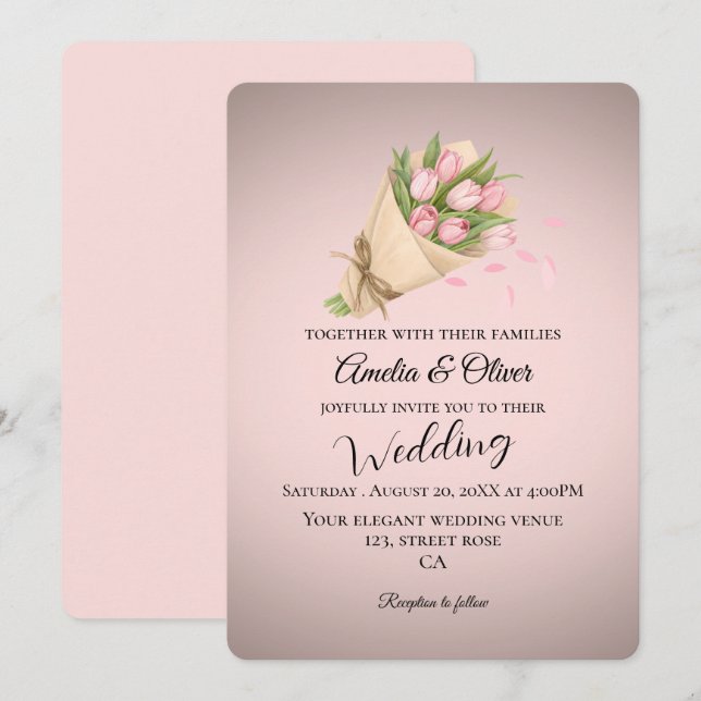 Invitation Élégant Mariage de Bouquet Tulipes Roses (Devant / Derrière)