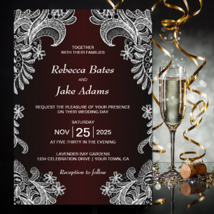Invitation Élégant Mariage de Bourgogne en dentelle blanche