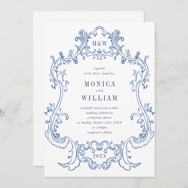 Invitation Elégant Mariage de cadre baroque Dusty Blue Classy (Devant / Derrière)
