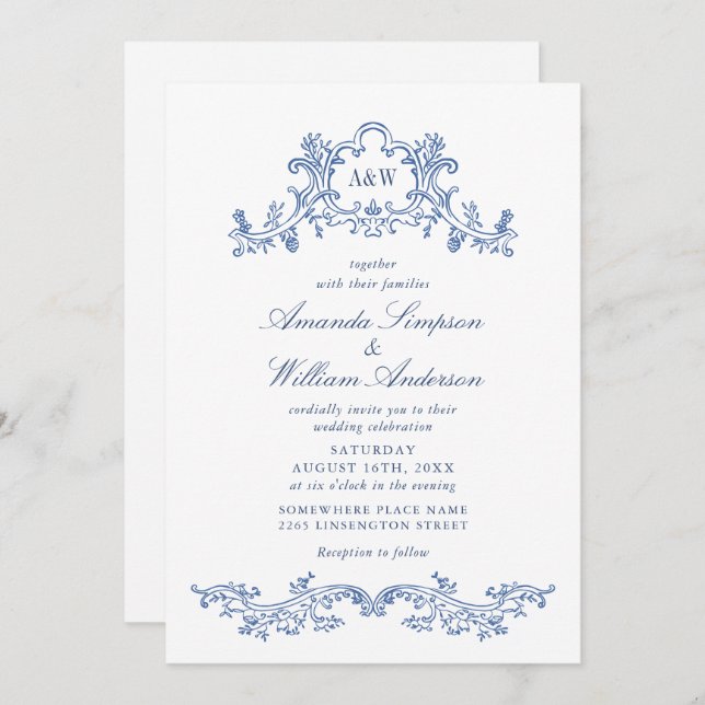 Invitation Elégant Mariage de cadre baroque Dusty Blue Classy (Devant / Derrière)