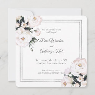 Invitation Élégant Mariage de cadre blanc floral argenté