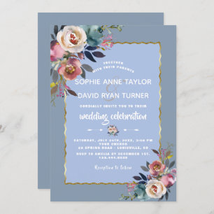 Invitation Elégant Mariage de cadre bleu rose floral bleu Dus