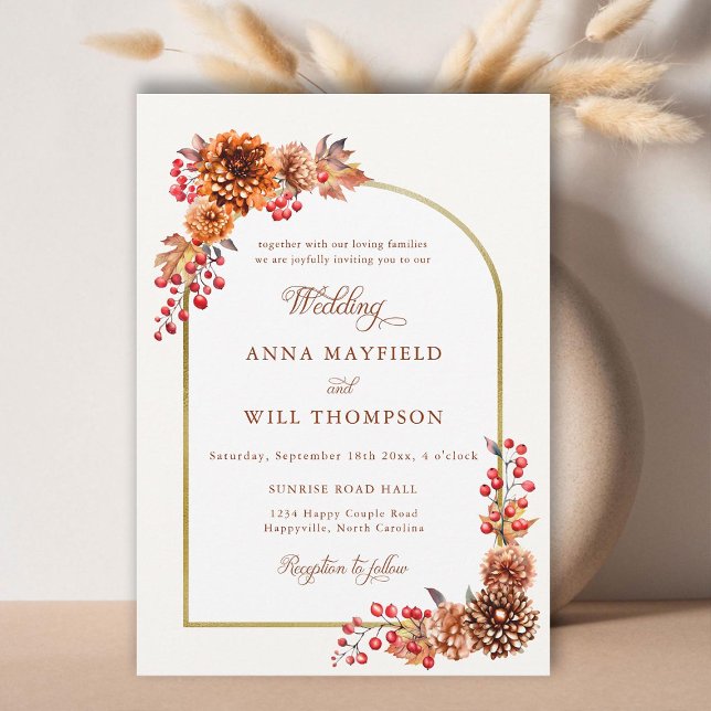 Invitation Élégant Mariage de cadre Boho Floral d'automne (autumn foliage boho gold floral frame wedding invitation terracotta romantic calligraphy modern chic)