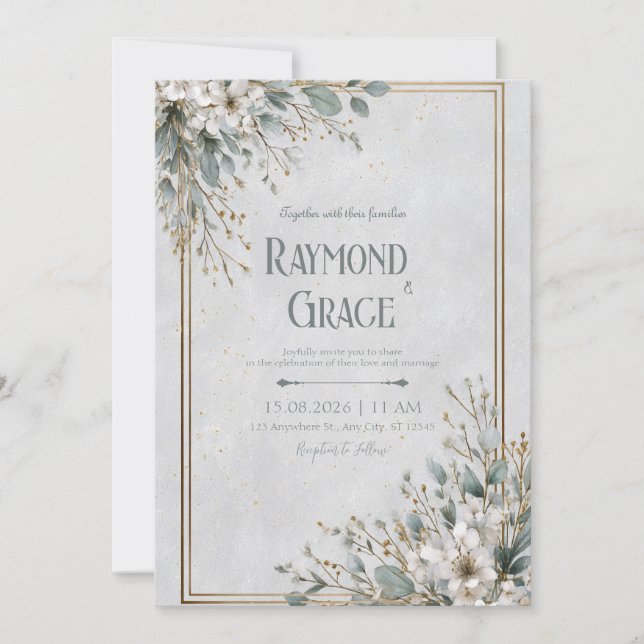 Invitation Élégant Mariage de cadre en fleurs blanches et or (Devant)
