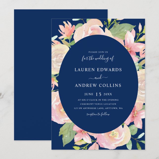 Invitation Elégant Mariage de cadre floral bleu bleu marine (Devant / Derrière)