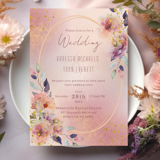 Invitation Élégant Mariage de cadre géométrique rose floral o (Elegant Pink Floral Oval Geometric Frame Wedding Invitation)