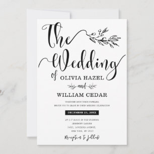 Invitation Élégant Mariage de calligraphie botanique noir bla