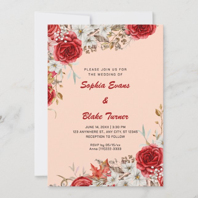Invitation Élégant Mariage de Campagne Roses Rouges Crème Ora (Devant)