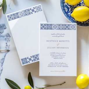 Invitation Elégant Mariage de carrelage blanc et bleu méditer
