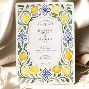 Invitation Élégant Mariage de citron et carrelage bleu médite