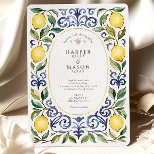 Invitation Élégant Mariage de citron et carrelage bleu médite