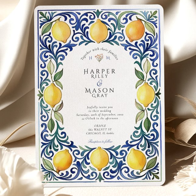 Invitation Élégant Mariage de citron et carrelage bleu médite (Créateur téléchargé)