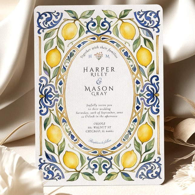 Invitation Élégant Mariage de citron et carrelage bleu médite (Créateur téléchargé)