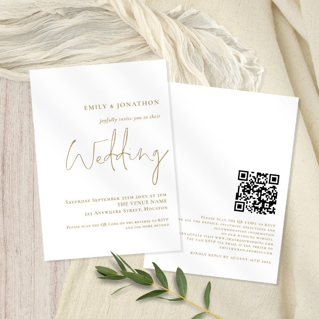 Invitation Élégant Mariage de code QR de script Gold (Front and back view. Available digitally or printed. Part of a matching wedding suite)