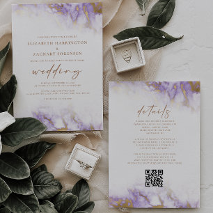 Invitation Élégant Mariage de code QR Gold Lavender en marbre