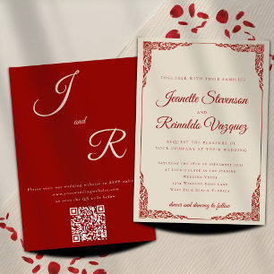 Invitation Élégant Mariage de code QR rouge en rubis monochro