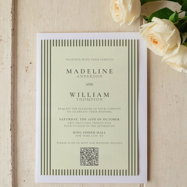 Invitation Élégant Mariage de code Qr vert Stripped (Créateur téléchargé)